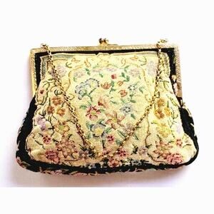 Vintage 1920s Petit Point Floral Evening Bag Black Needlepoint Purse